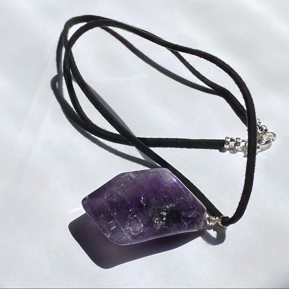 Hand Crafted Amethyst Necklace on Vegan Suede Microfiber Wire Wrapped New - Picture 4 of 7